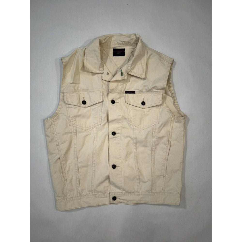 Men's Vintage Tommy Hilfiger Painter Jean Vest Large Off White Denim Button